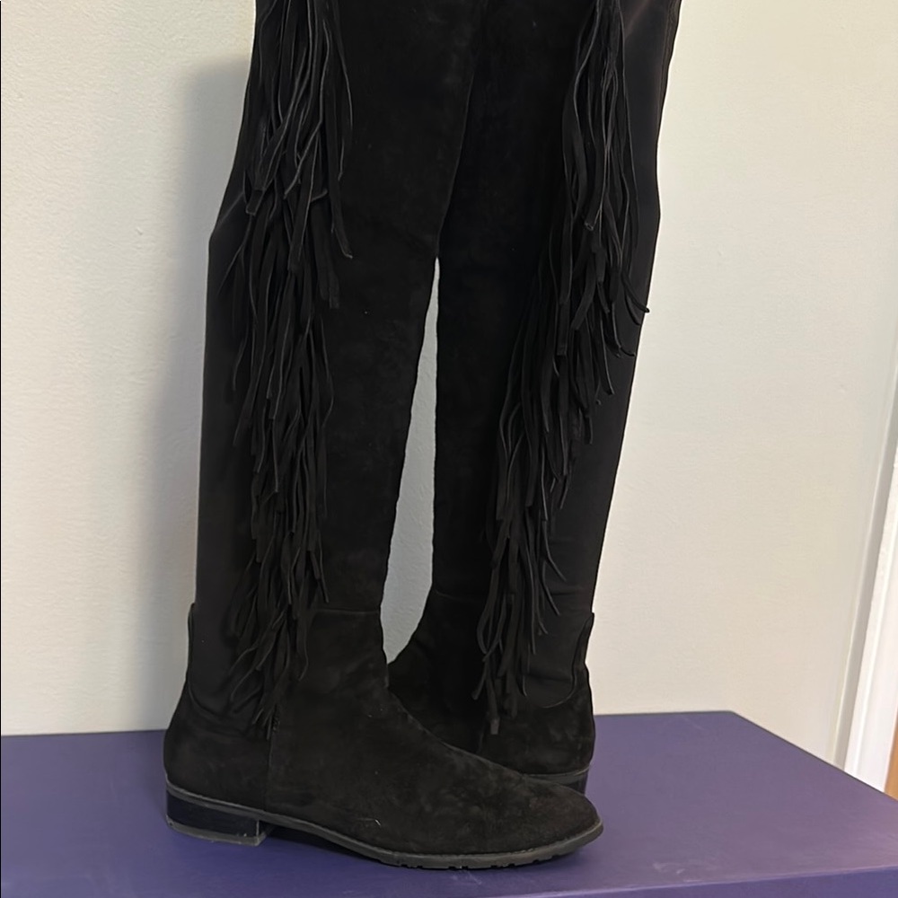 WORN ONCE Stuart Weitzman Black Suede Fringe 5050 Over-the-Knee Boots Mane - Picture 7 of 11